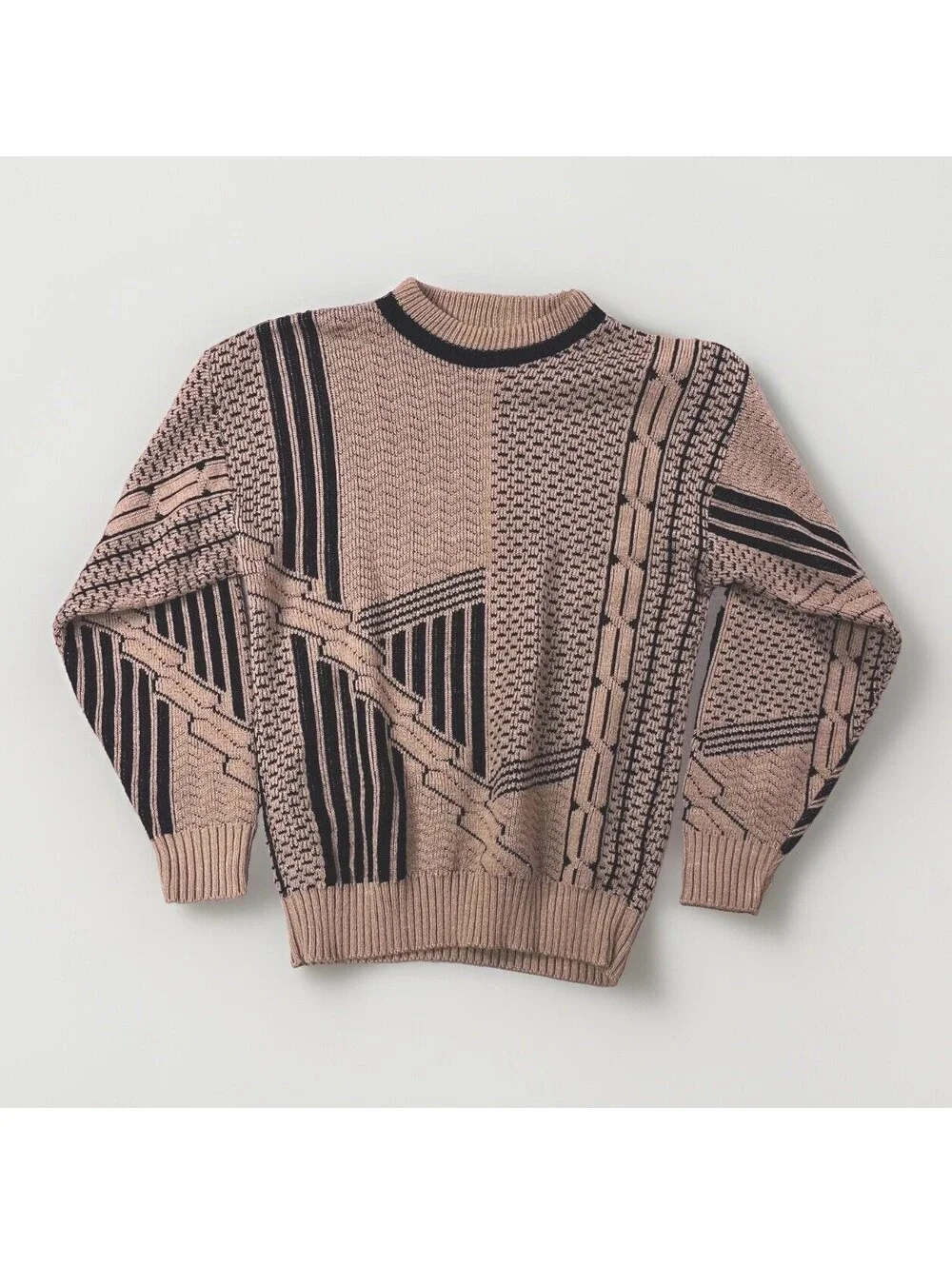 Vintage 1990s 3D Sweater Mens Medium Brown Geometric Knit Made in USA Jondel